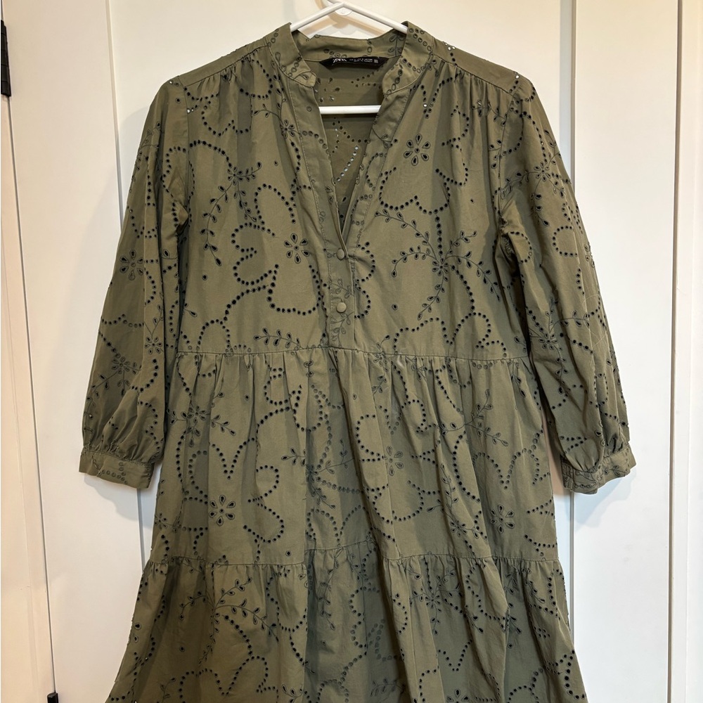 Zara Olive Eyelet Tiered Midi Dress